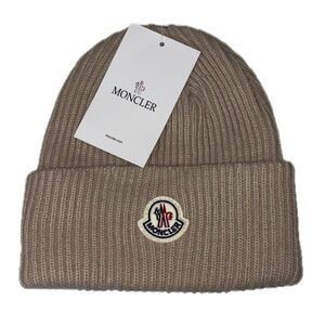 Moncler Ribbed Cuffed Beanie in Taupe